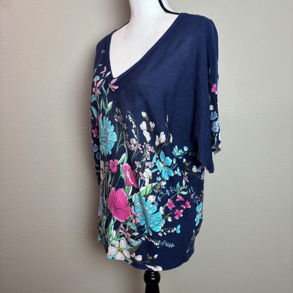 Talbots Floral Print Knit‎ Top V-Neck Short Sleeve Casual Comfy Womens Large L - Picture 6 of 15